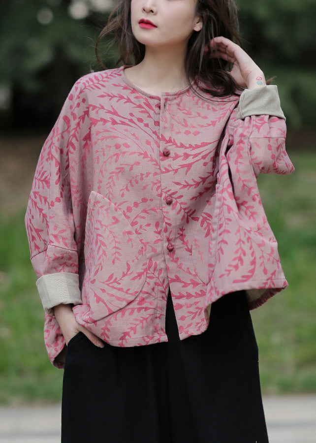 Red O-neck Print Cotton Coats Spring