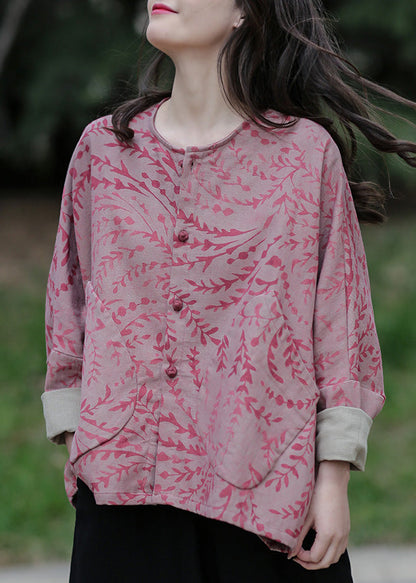 Red O-neck Print Cotton Coats Spring