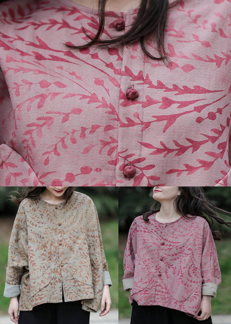 Red O-neck Print Cotton Coats Spring
