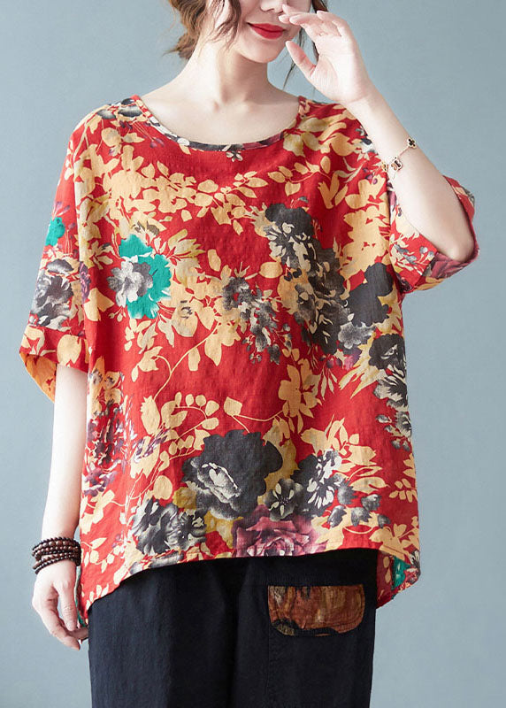 Red O-neck Print Cotton Tank Tops Short Sleeve