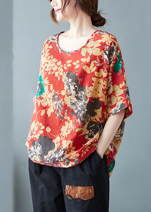 Red O-neck Print Cotton Tank Tops Short Sleeve