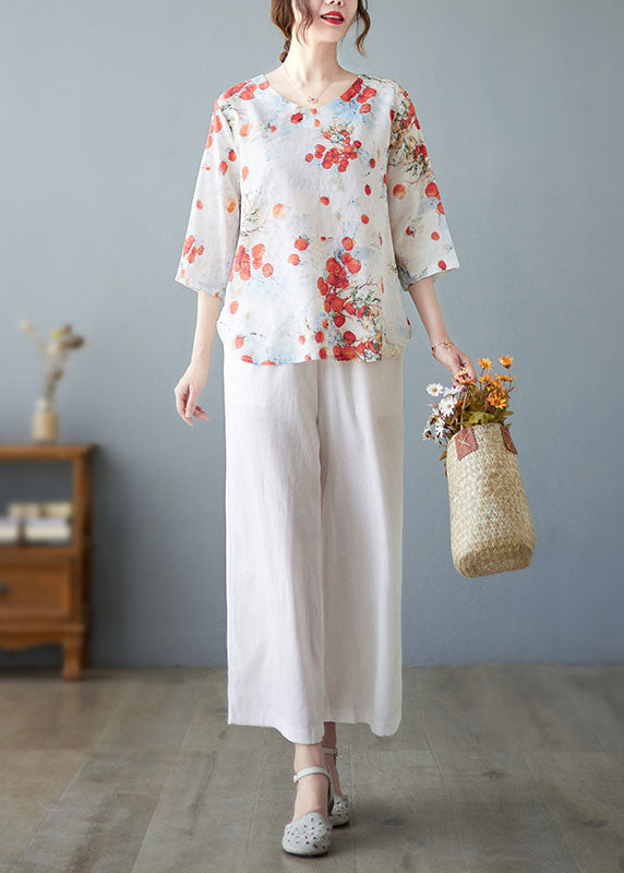 Red O-neck Print Linen Tops and Straight Pants Two Pieces Set Summer