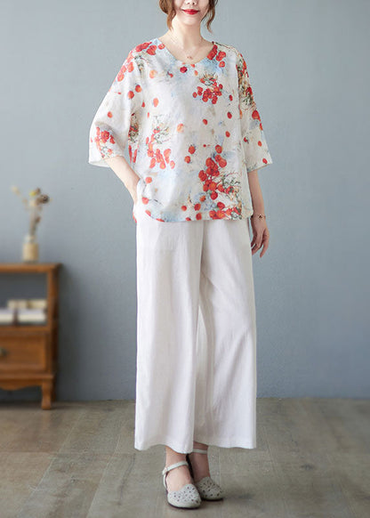 Red O-neck Print Linen Tops and Straight Pants Two Pieces Set Summer