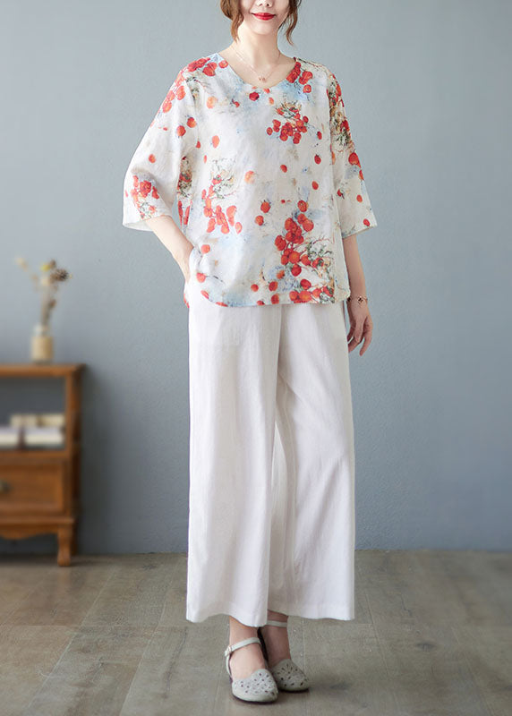Red O-neck Print Linen Tops and Straight Pants Two Pieces Set Summer