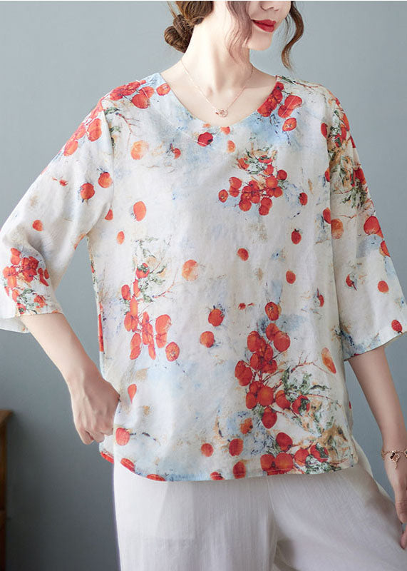 Red O-neck Print Linen Tops and Straight Pants Two Pieces Set Summer