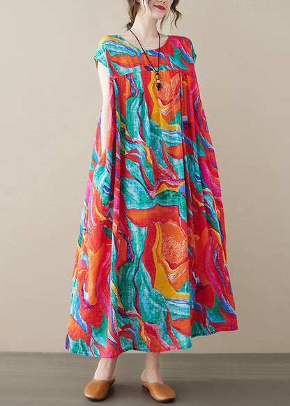 Red O-neck Print Long Dresses Summer