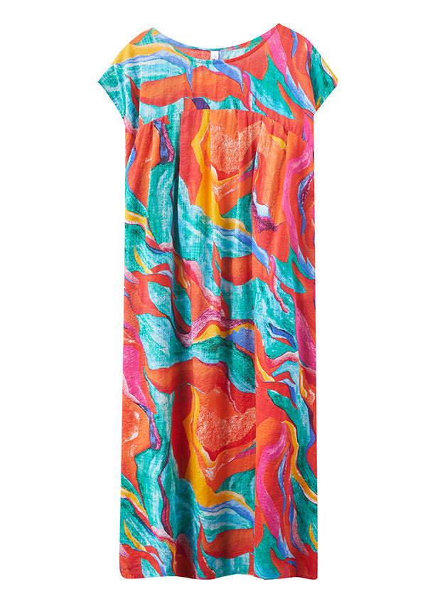 Red O-neck Print Long Dresses Summer