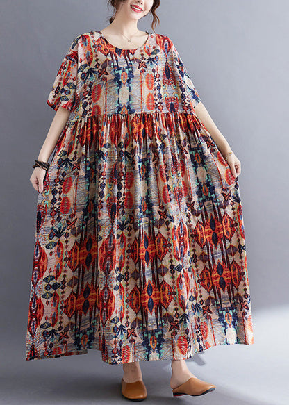 Red O-neck Print Patchwork Cotton Long Dresses Summer