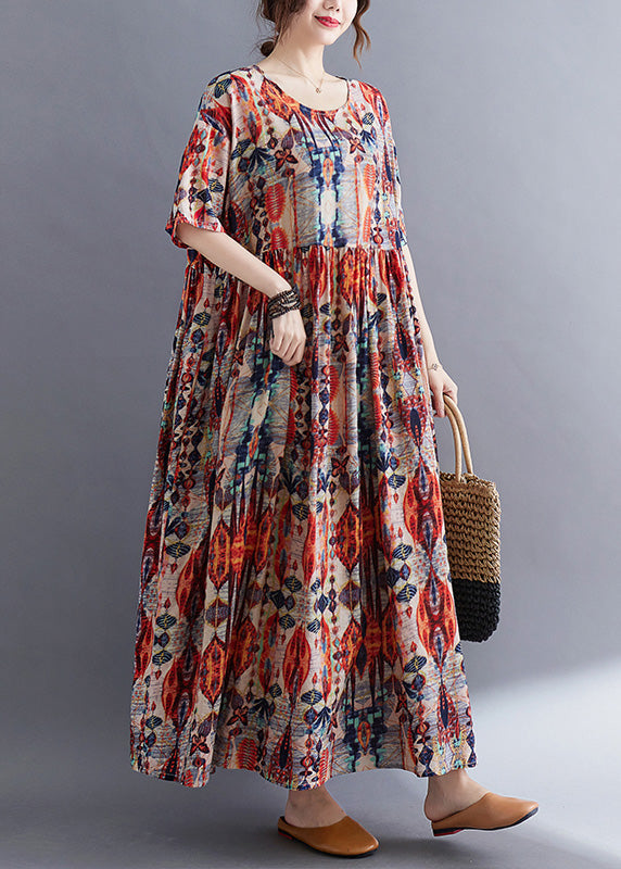 Red O-neck Print Patchwork Cotton Long Dresses Summer