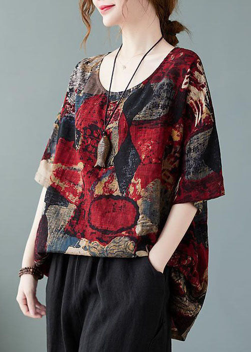 Red O Neck Print Patchwork Cotton T Shirt Summer