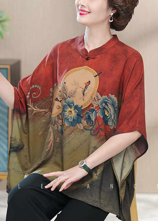 Red O-neck Print Side Open Silk Top Half Sleeve