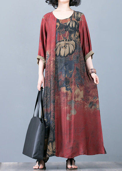Red O-neck Print Silk Ankle Dresses Three Quarter Sleeve