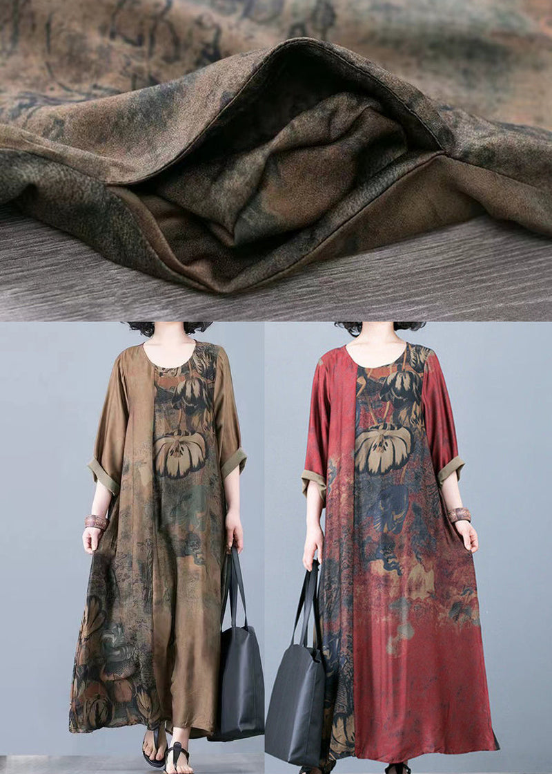 Red O-neck Print Silk Ankle Dresses Three Quarter Sleeve