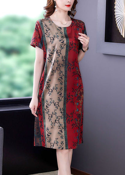 Red O-neck Print Slim Fit Silk Mid Dress Summer