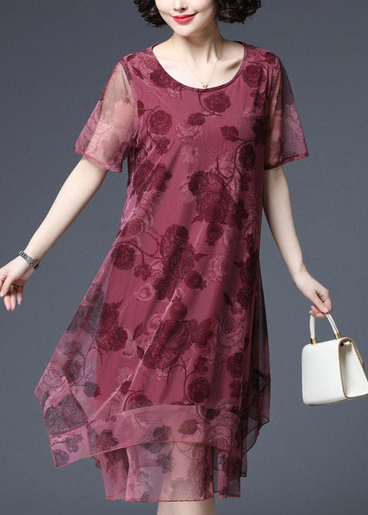 Red O-neck Print Tulle Vacation Dress Short Sleeve