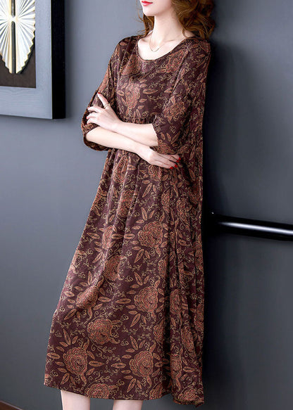 Red O Neck Print Wrinkled Patchwork Silk Dress Summer