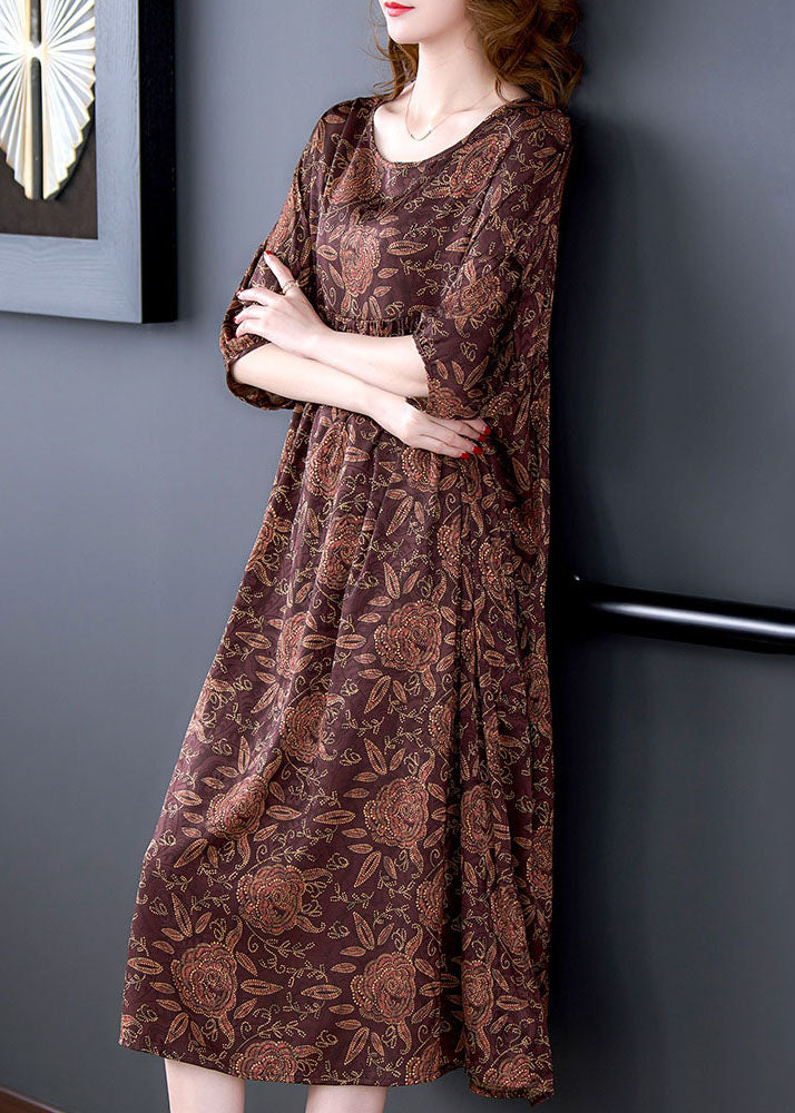 Red O Neck Print Wrinkled Patchwork Silk Dress Summer