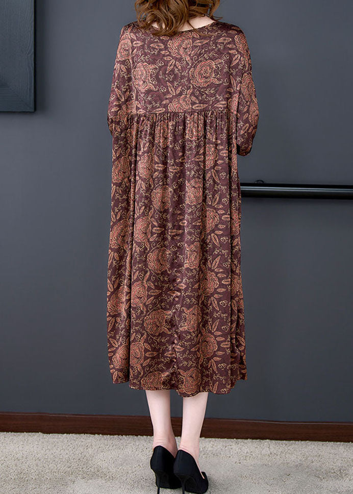 Red O Neck Print Wrinkled Patchwork Silk Dress Summer