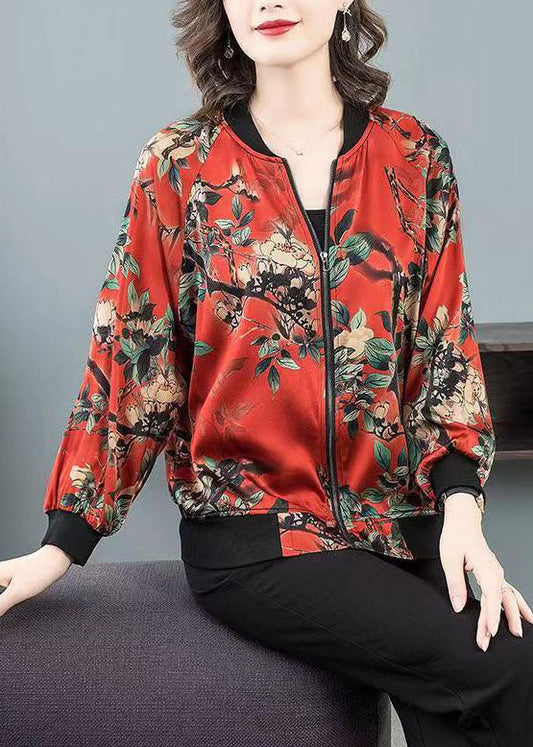 Red O-neck Print Zippered Patchwork Silk Jacket Spring