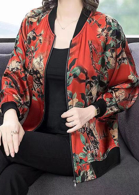 Red O-neck Print Zippered Patchwork Silk Jacket Spring