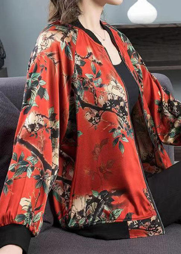 Red O-neck Print Zippered Patchwork Silk Jacket Spring