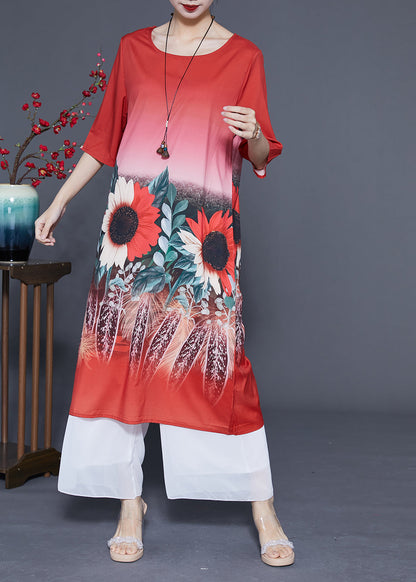 Red O-neck Sun Flower Print Silk Dresses Half Sleeve