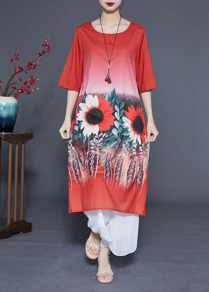 Red O-neck Sun Flower Print Silk Dresses Half Sleeve