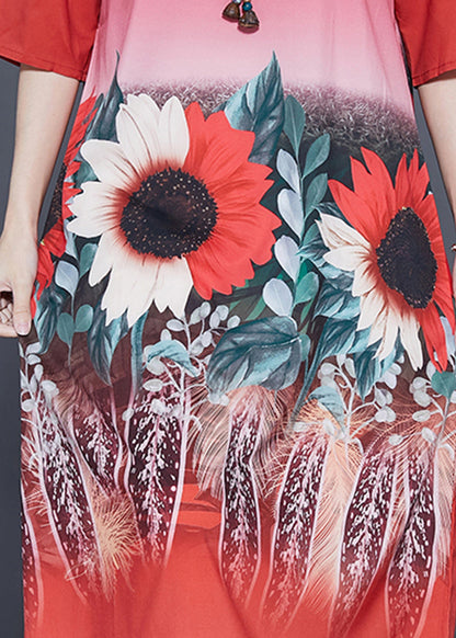 Red O-neck Sun Flower Print Silk Dresses Half Sleeve