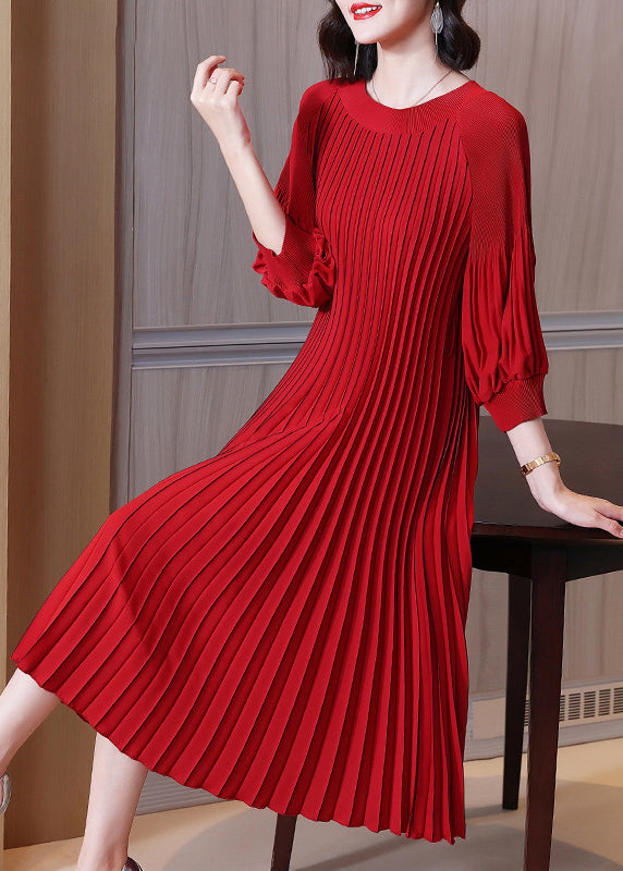 Red O-neck Wrinkled Maxi Dress Lantern Sleeve