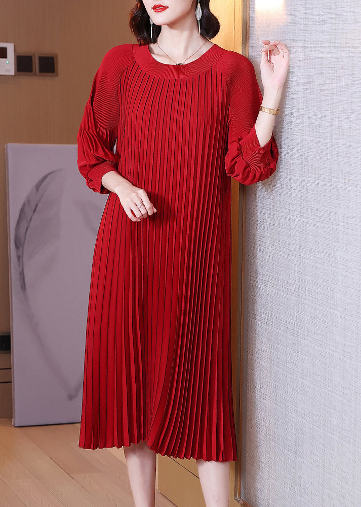 Red O-neck Wrinkled Maxi Dress Lantern Sleeve