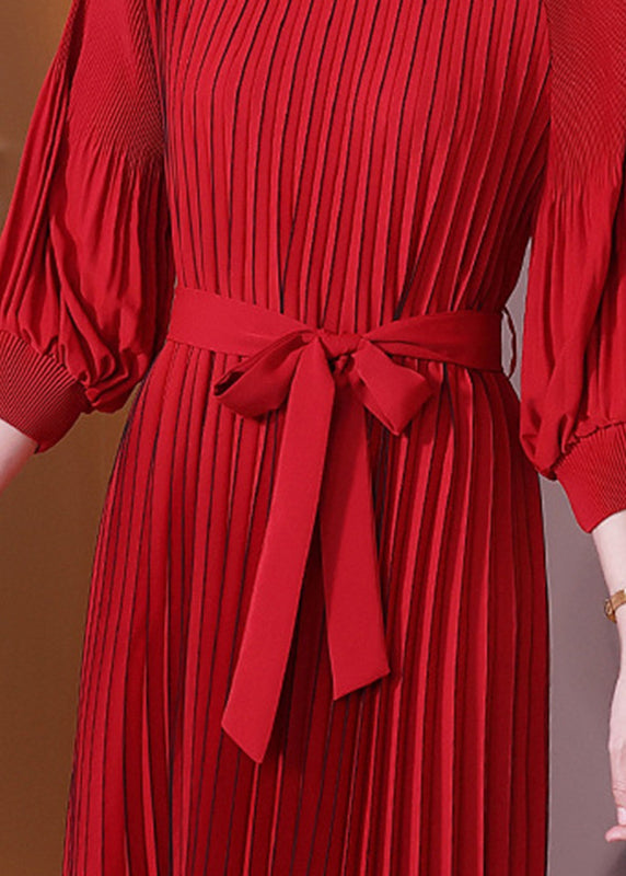 Red O-neck Wrinkled Maxi Dress Lantern Sleeve