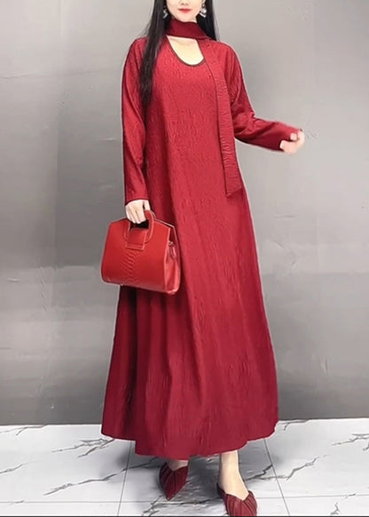 Red O-neck Wrinkled Maxi Dresses Spring