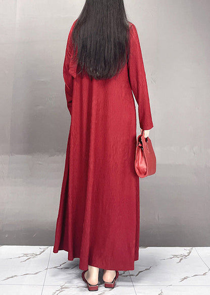 Red O-neck Wrinkled Maxi Dresses Spring