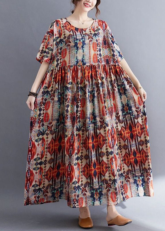 Red O Neck Wrinkled Print Patchwork Cotton Dresses Summer