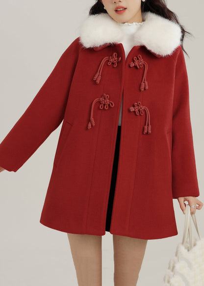 Red Oversized Chinese Button Woolen Coats Winter