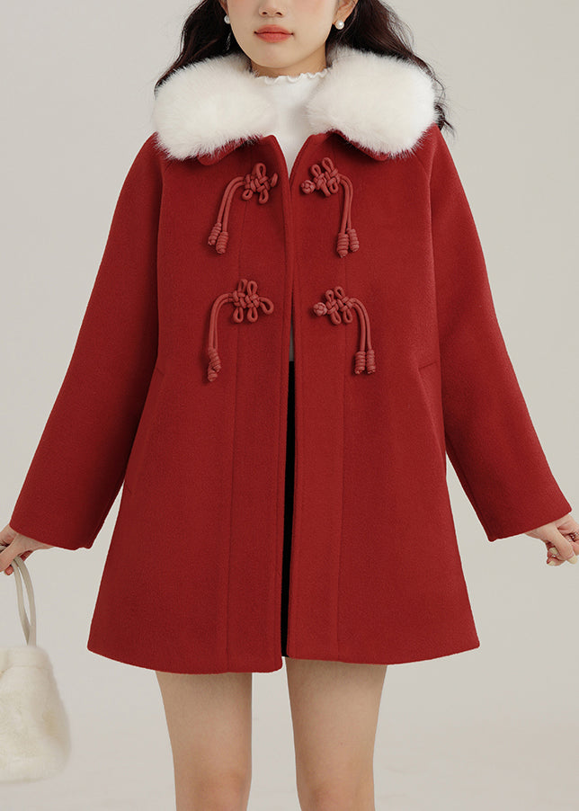 Red Oversized Chinese Button Woolen Coats Winter