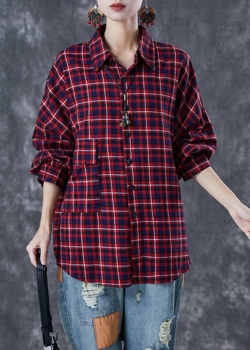 Red Oversized Plaid Cotton Shirt Tops Fall