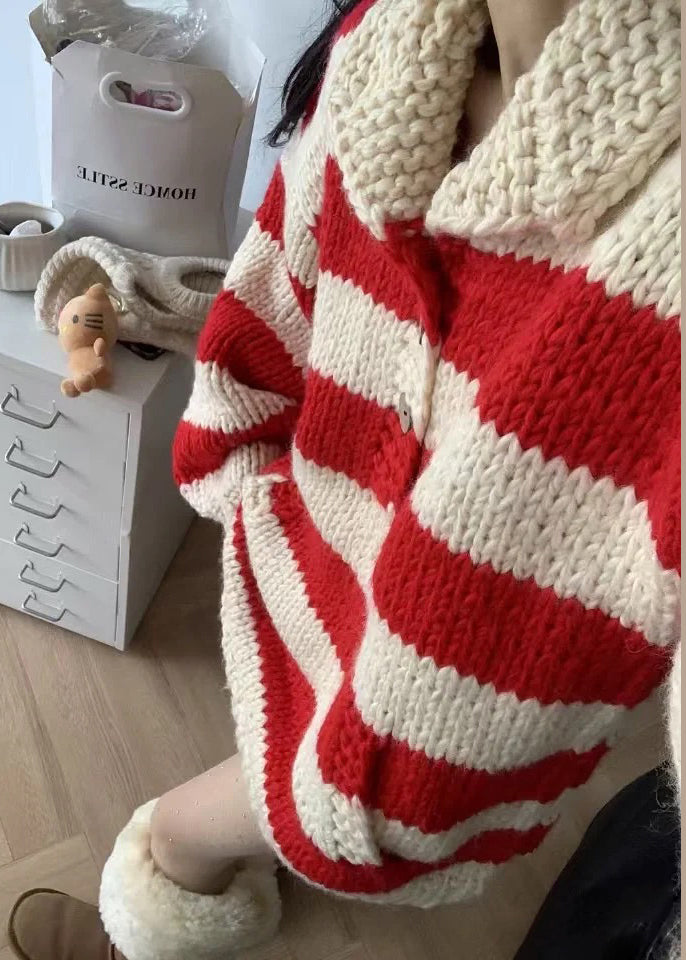 Red Oversized Striped Knit Sweaters Winter