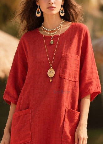 Red Oversized Tulle Patchwork Pockets Cotton Dress Summer