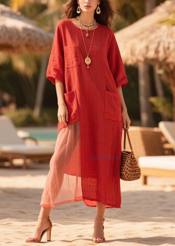 Red Oversized Tulle Patchwork Pockets Cotton Dress Summer