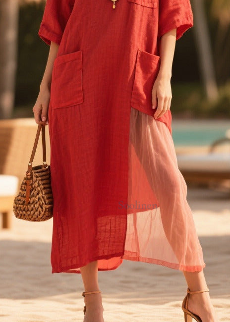 Red Oversized Tulle Patchwork Pockets Cotton Dress Summer