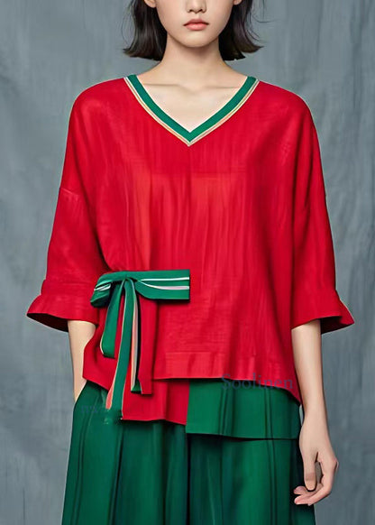 Red Patchwork Bow T Shirt Summer