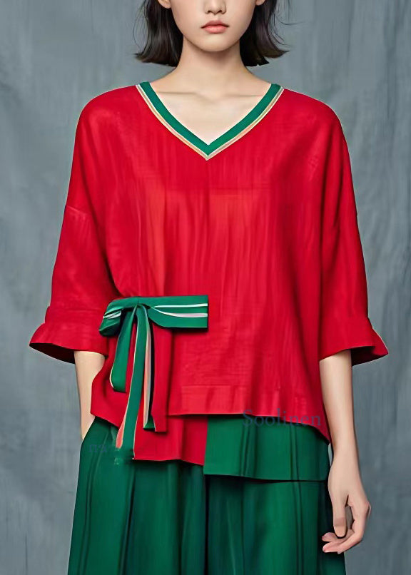 Red Patchwork Bow T Shirt Summer