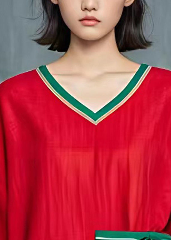 Red Patchwork Bow T Shirt Summer