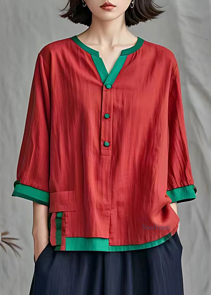 Red Patchwork Button Topt Fall
