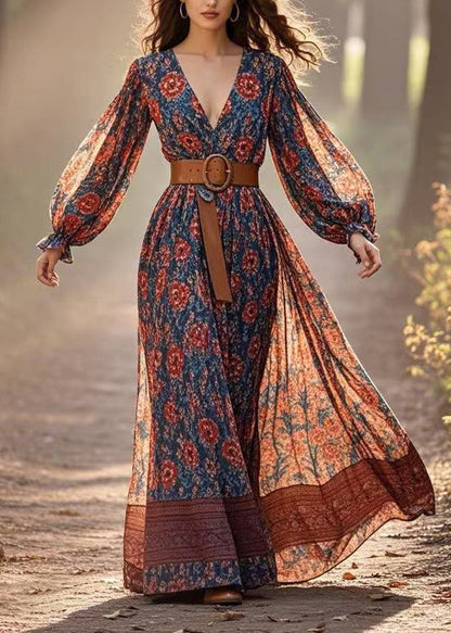 Red Patchwork Tunic Chiffon Long Dress Lantern Sleeve