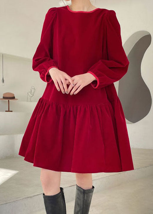Red Patchwork Velour Vacation Dress Winter