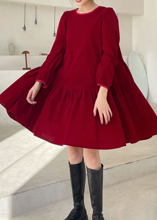 Red Patchwork Velour Vacation Dress Winter