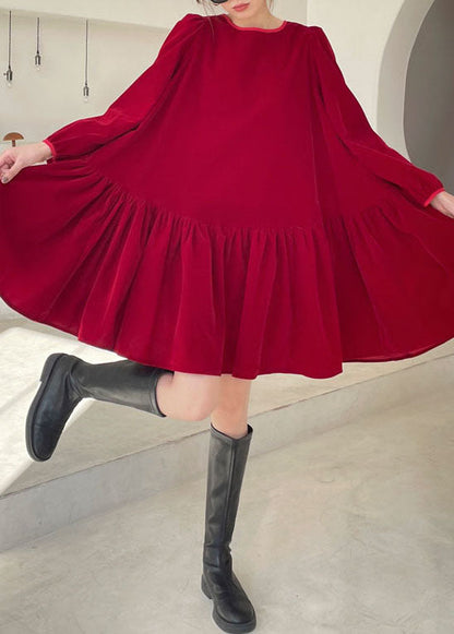 Red Patchwork Velour Vacation Dress Winter