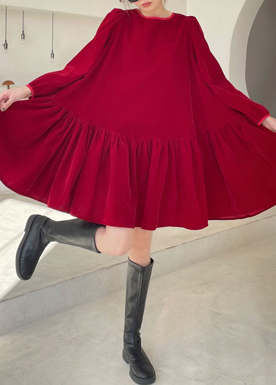 Red Patchwork Velour Vacation Dress Winter